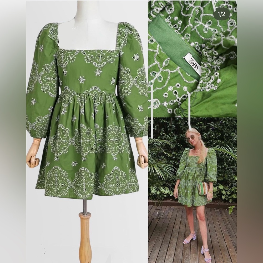 Zara Green Mini Dress with White Floral Embroidery | Square or Off-Shoulder